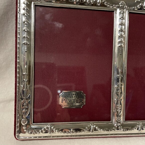 Fine English Pewter Double Picture Frame for 4 X 6 Photos Art Nouveau Burgundy B - Picture 8 of 9